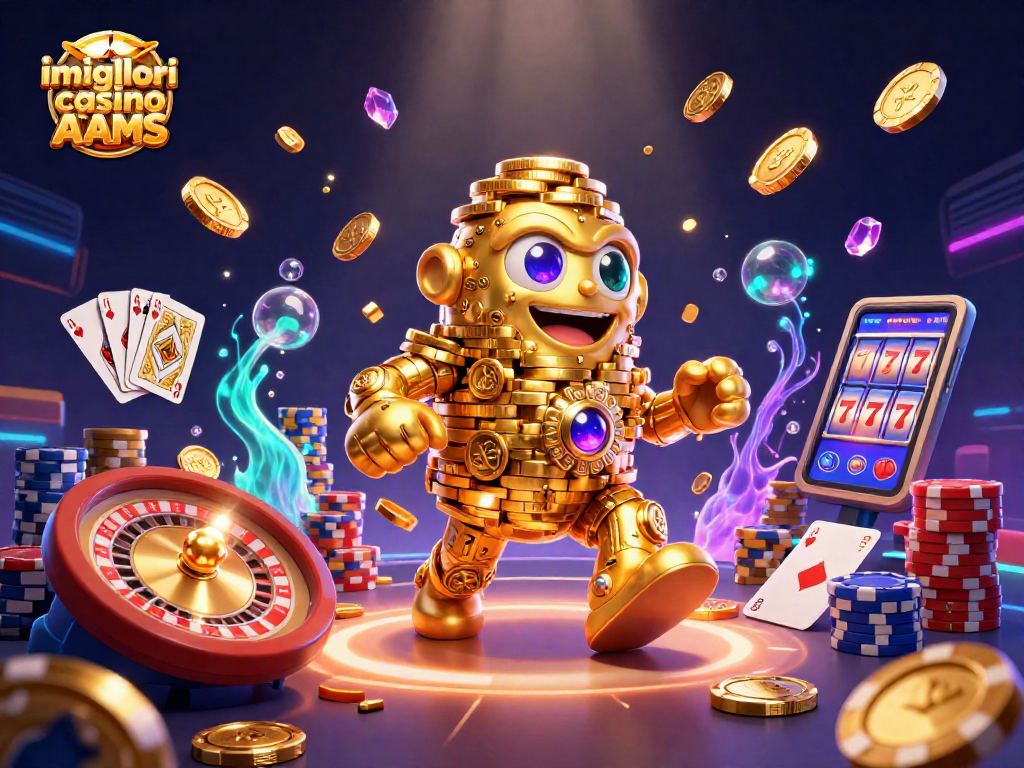 Immagine dei migliori casino non AAMS con un golem d'oro circondato da elementi di gioco e monete.