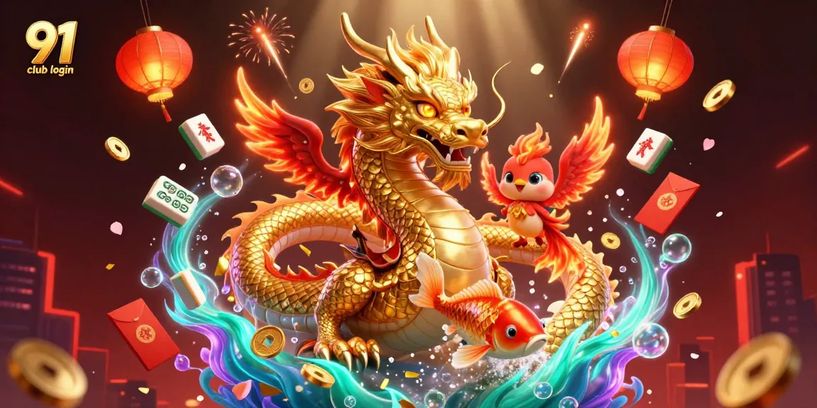 Experience the excitement of 91 club login with a dynamic scene featuring a golden dragon, phoenix, and koi fish amidst rich casino elements.