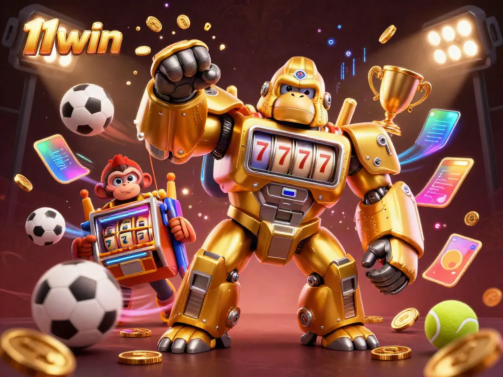 Experience thrilling gameplay with 11win featuring a dynamic golden gorilla mech and energetic gaming elements.