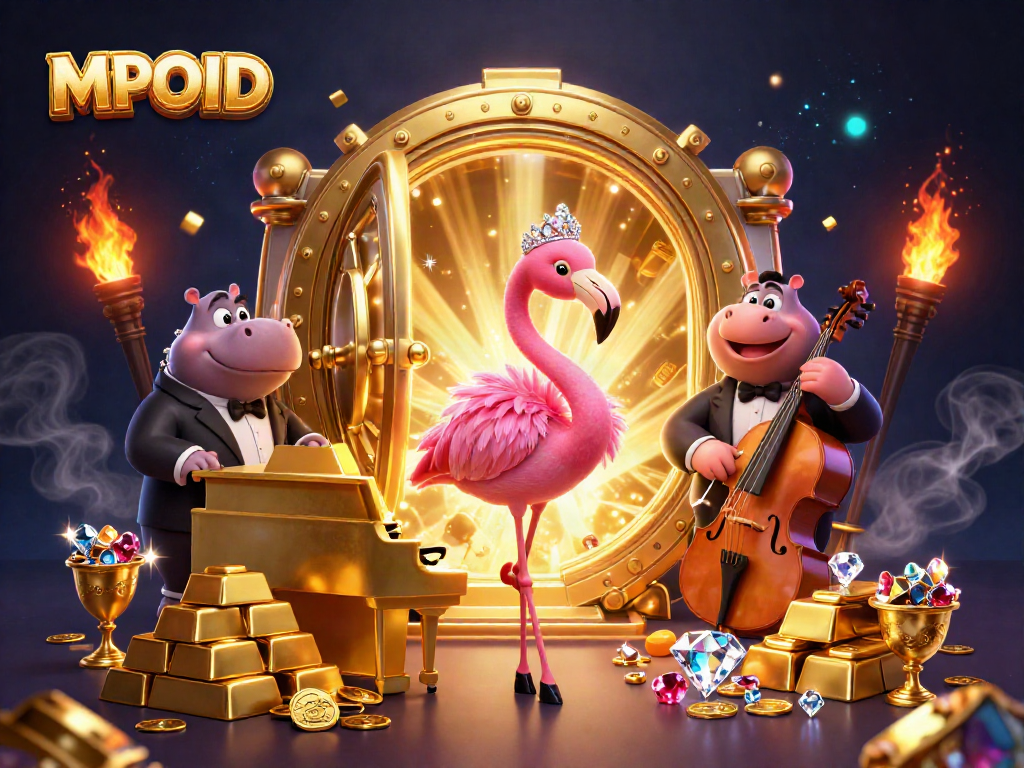 Engage with MPOID's vibrant casino scene featuring a flamingo singer and hippo bassist illuminating the night.