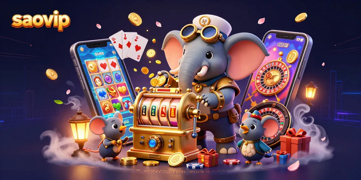 Spin the reels with saovip, featuring an exciting gaming scene with a steampunk elephant engineer.