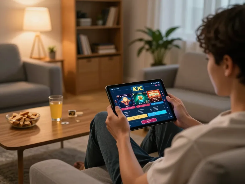 KJC user enjoying online gambling on a tablet in a cozy home setting