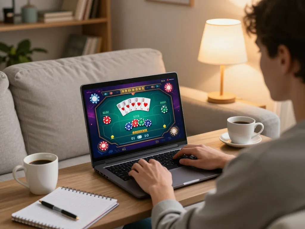 Playing game online at home with vibrant poker interface on laptop screen.