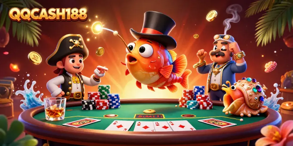 Engaging 3D representation of QQCASH188 featuring a fishing anglerfish, pirate shrimp, and treasure snail in a vibrant casino setting.