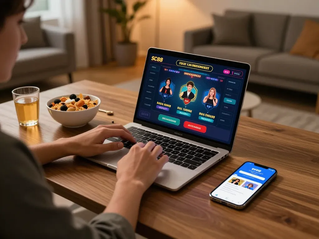 SC88 đăng nhập through a cozy online casino setup with laptop gameplay and smartphone app