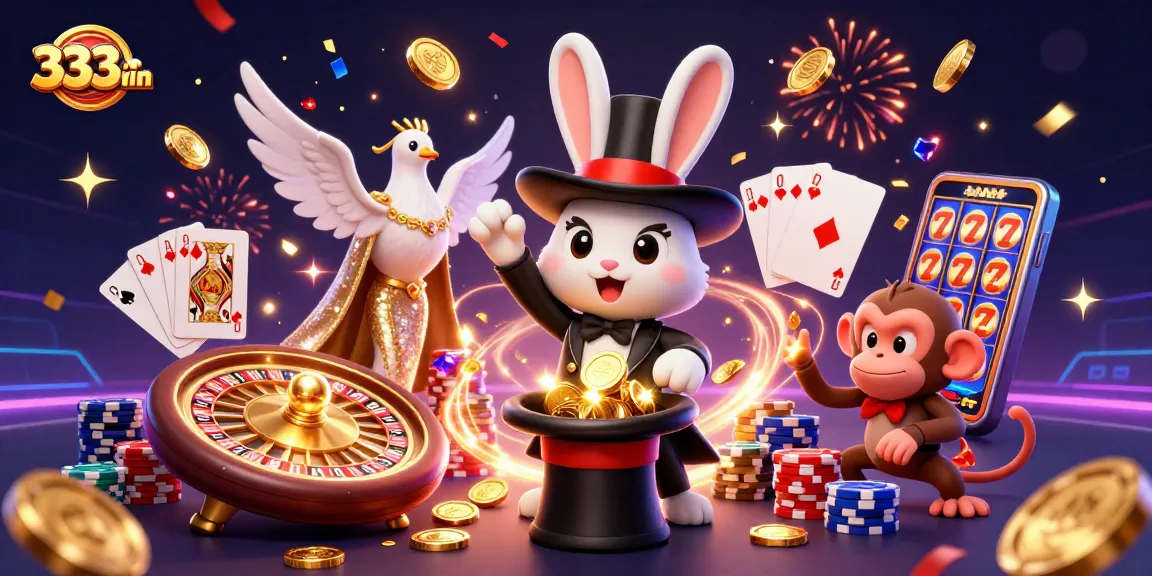 Engage with 333win as the magician rabbit conjures coins, accompanied by a dove and monkey in a vibrant casino scene.