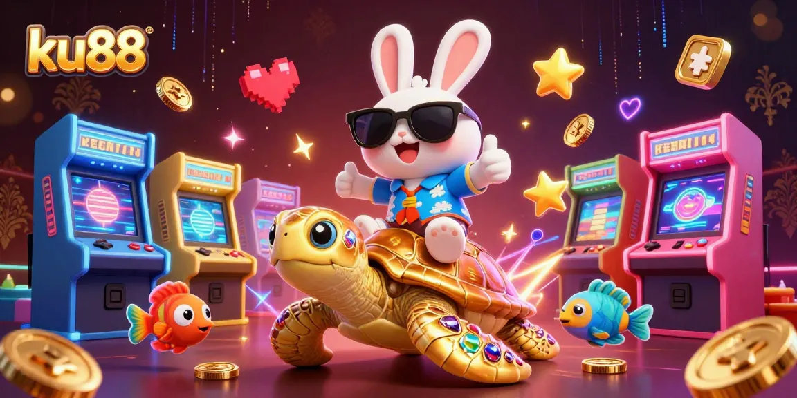 ku88 represents fun with an adorable rabbit and a golden turtle at a vibrant casino scene.
