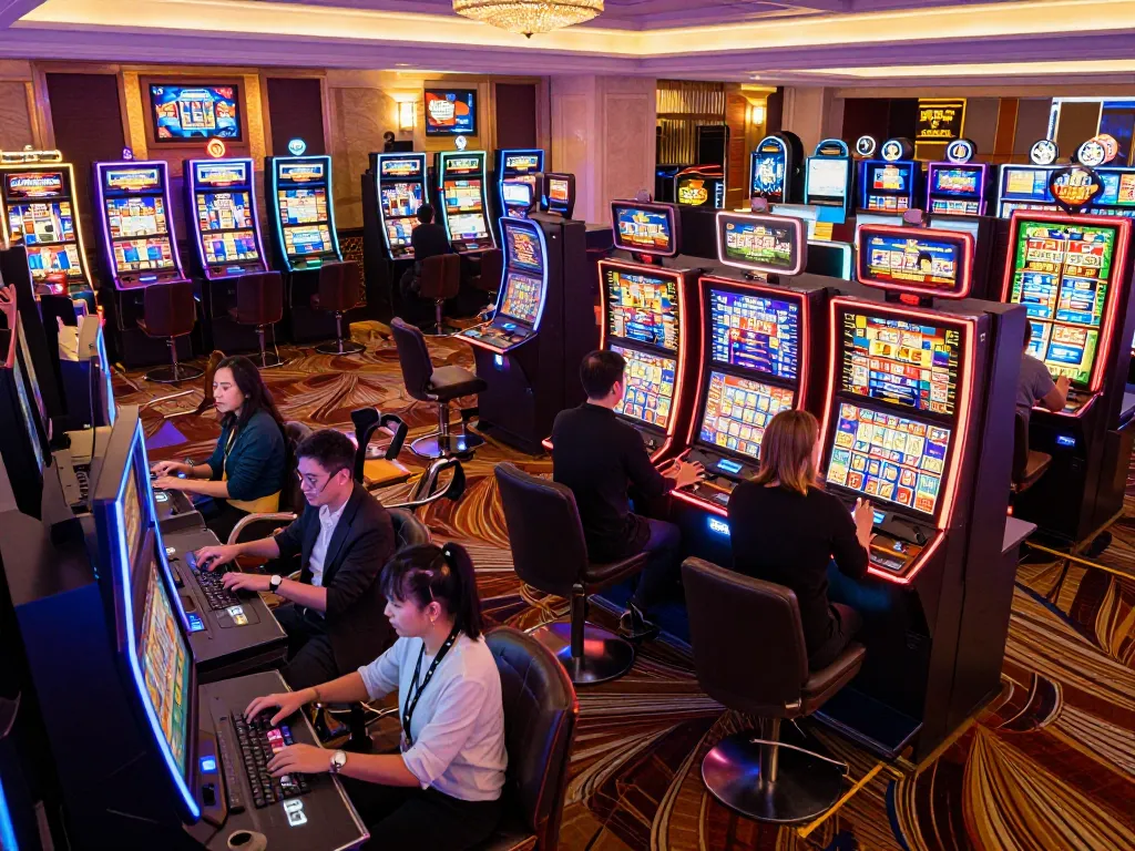 Players at blueskybuds enjoying the thrill of colorful slot machines in a vibrant casino atmosphere.