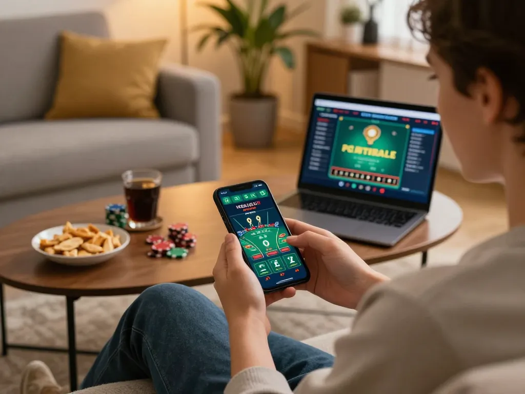 Player enjoying an online blackjack game on lv88p mobile app in a cozy living room.