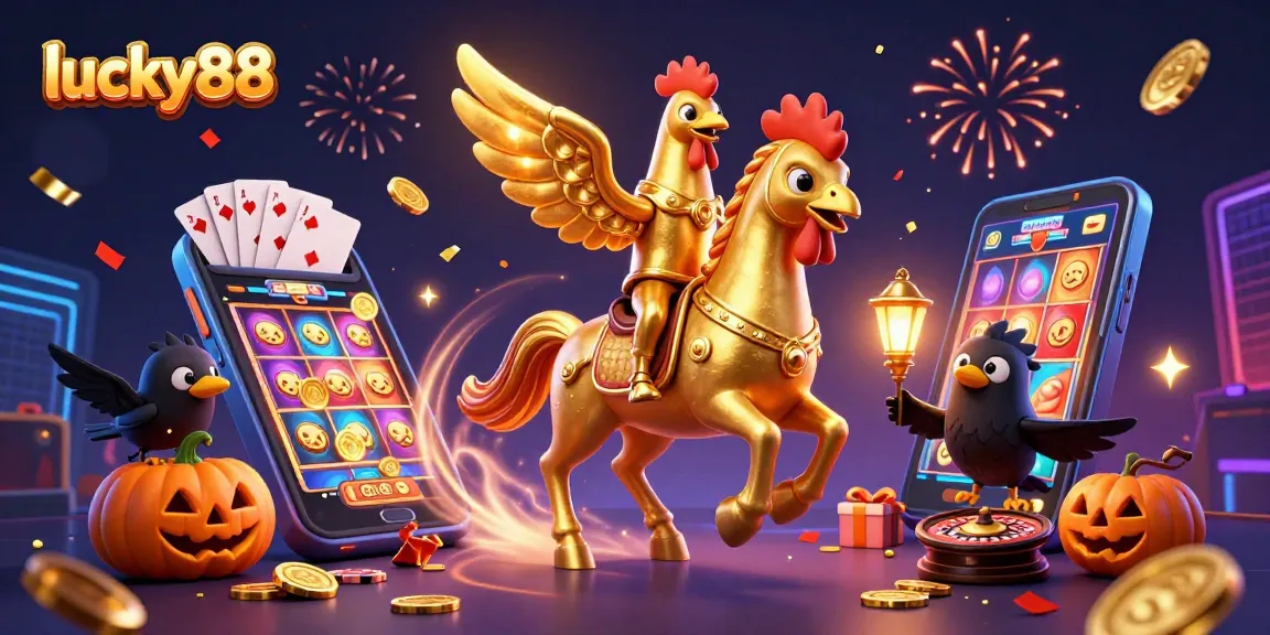 Lucky88 features a golden rooster riding through a magical casino, surrounded by vibrant gaming elements.