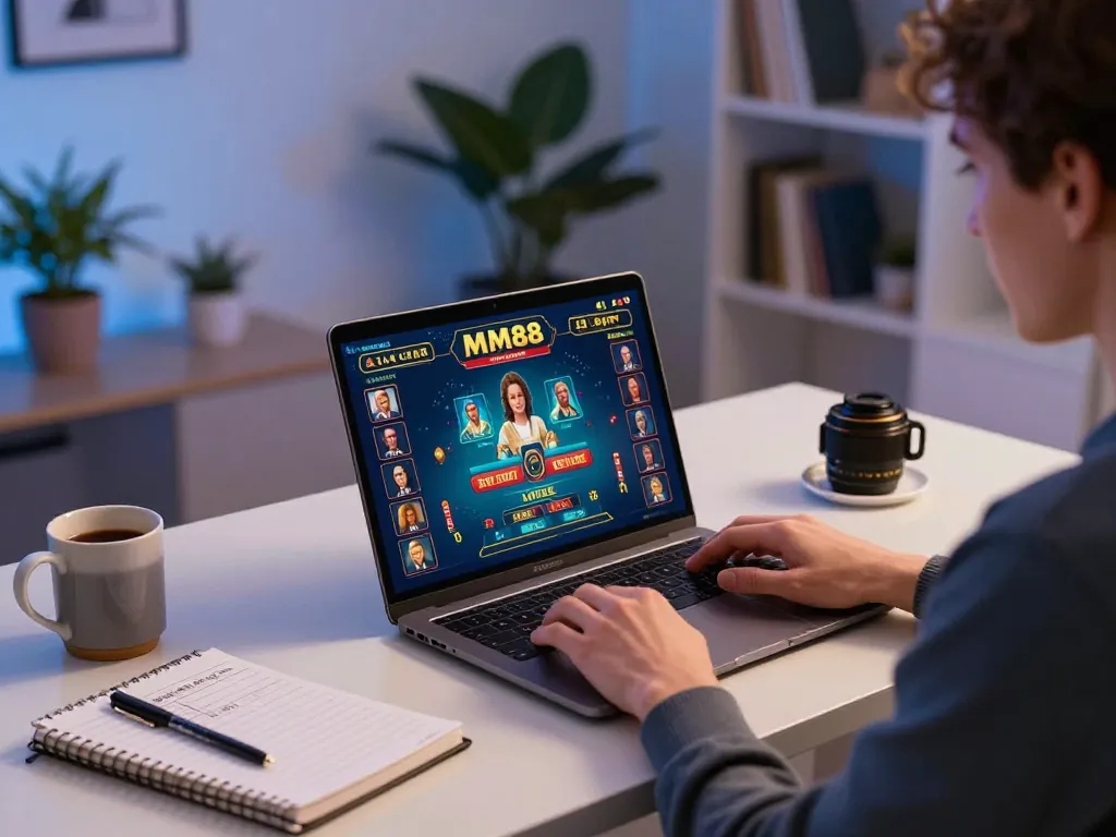 Player enjoying MM88 online casino gaming on a stylish desk setup with strategic notes and live dealer interaction.