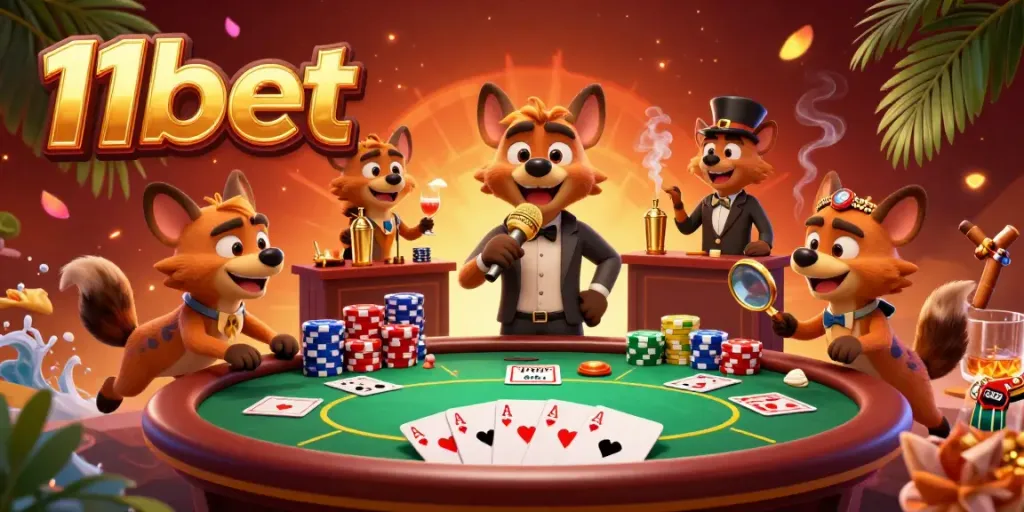 Experience lively fun at the 11bet comedy casino club with energetic hyenas telling jokes and bartending.