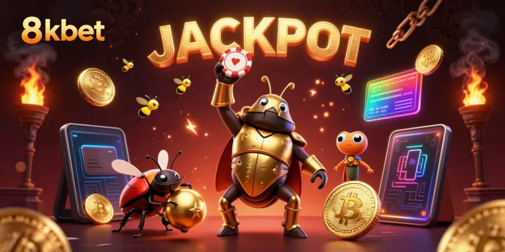 Win big with 8xbet as cartoon beetles celebrate a jackpot in a vibrant casino.