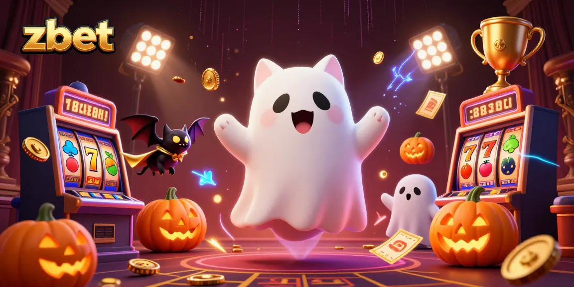 Zbet casino features a friendly ghost cat and flying slot reels in a vibrant haunted mansion.
