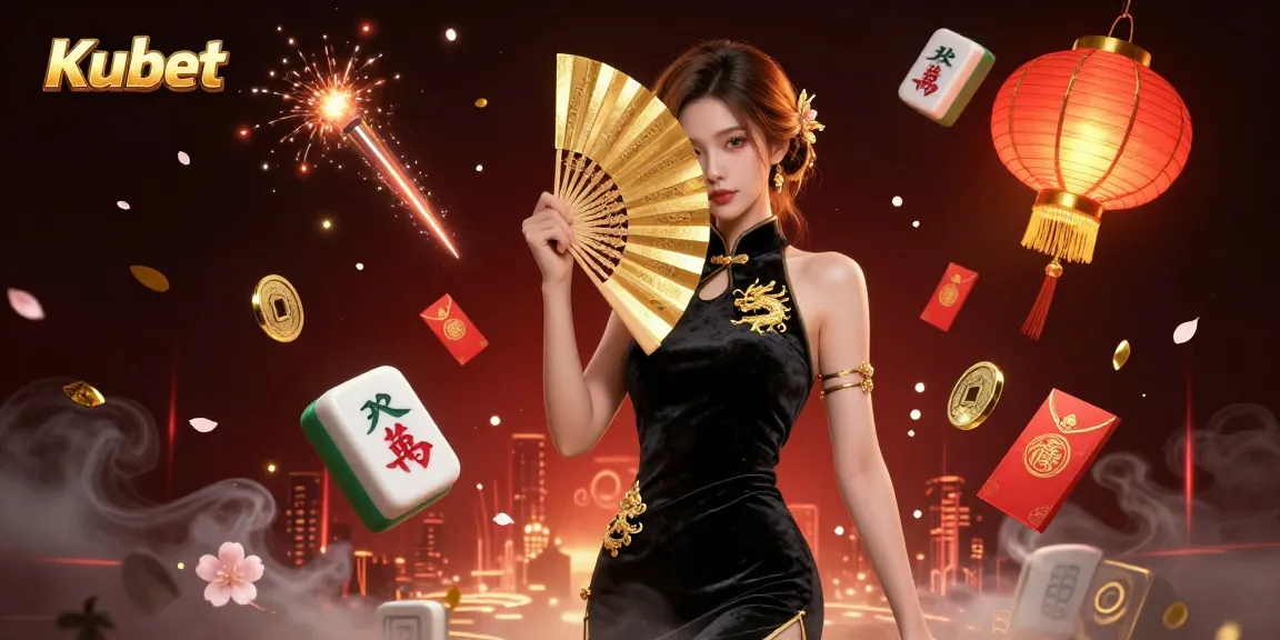 Kubet showcases an enchanting scene with a stunning Asian woman and vibrant gambling elements, creating an immersive gambling experience.