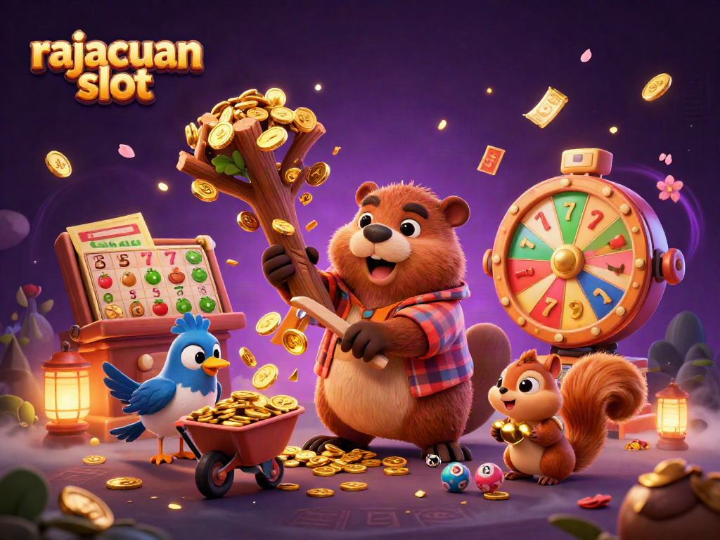 Engage with the rajacuan slot experience featuring a lively scene with a beaver, bird, and squirrel collecting winnings.