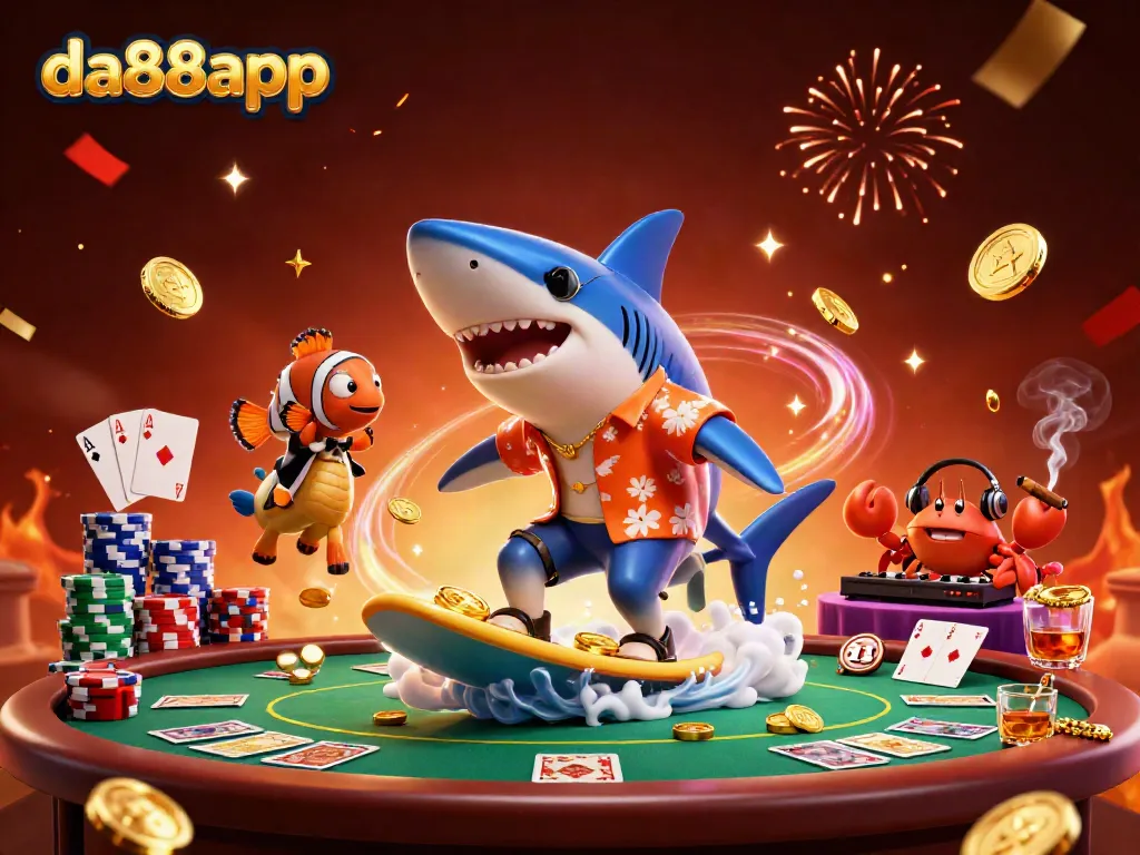 Immerse in the da88app casino world with a shark surfing on gold coins alongside a stylish clownfish, creating vibrant gambling excitement.