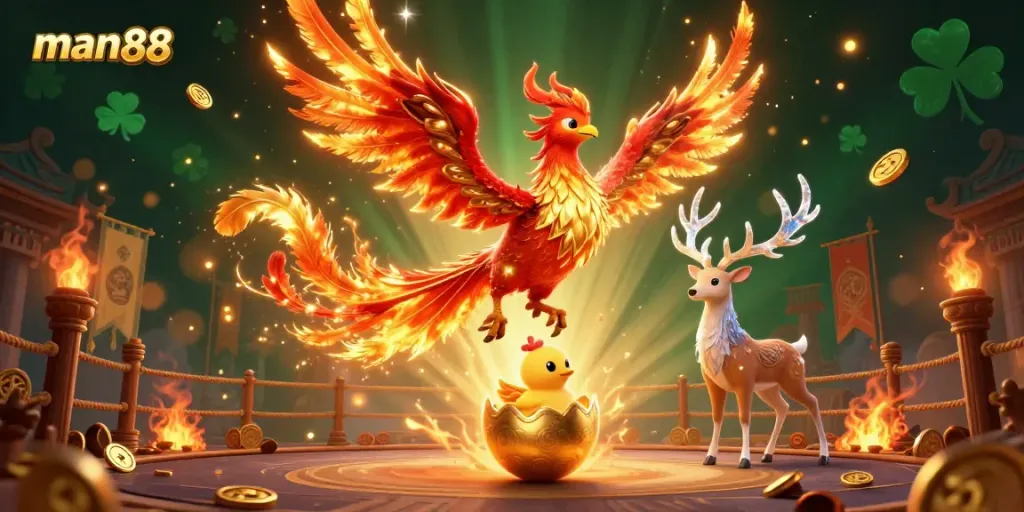 Experience thrilling gaming at man88 with a vibrant phoenix and mystical stag in a dynamic casino scene.