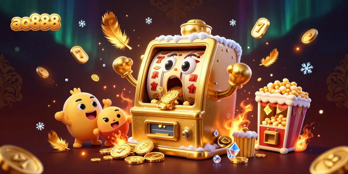 Win big at ao888 with a colorful 3D slot machine illustration bursting with coins and excitement.
