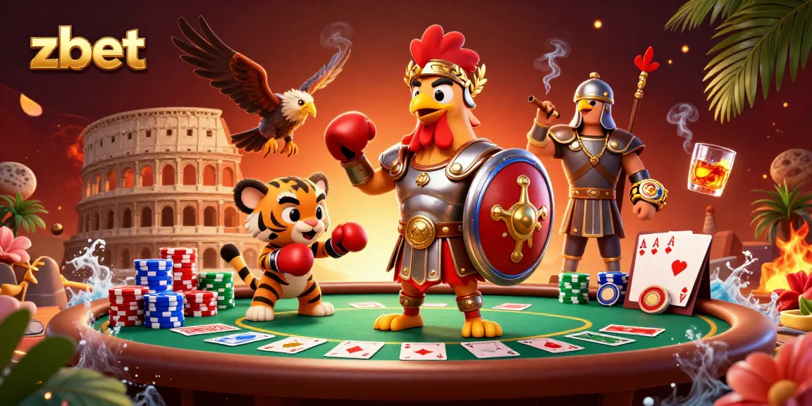 Experience thrilling poker at zbet with a vibrant 3D illustration of a gladiator rooster in action.