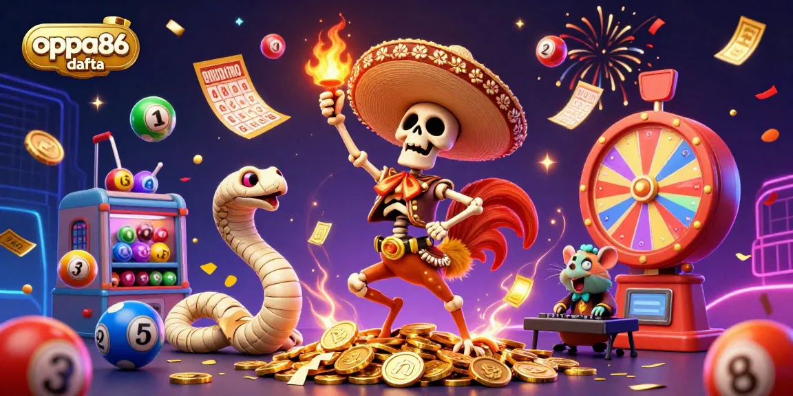 Experience the excitement of oppa86 dafta while winning on lottery balls and spinning prize wheels in a vibrant casino scene.
