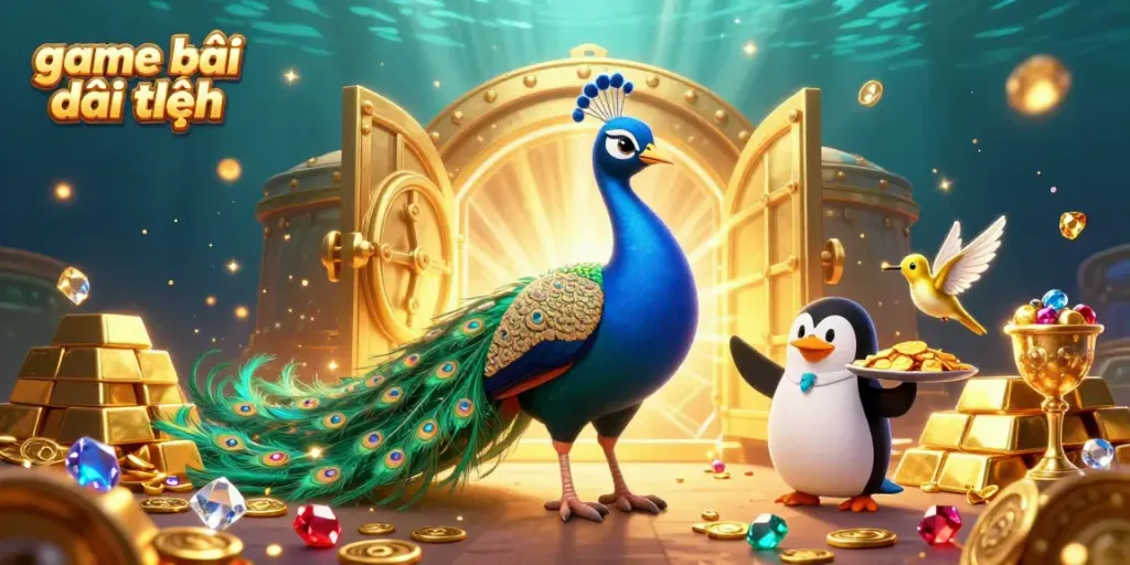 Experience the thrill of game bài đổi thưởng with a vibrant casino scene featuring unique characters and treasures.