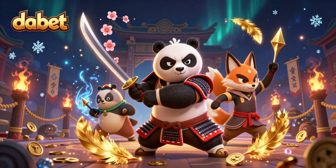 Dabet showcases a vibrant 3D casino scene with a samurai panda and ninja fox engaging in thrilling gameplay.