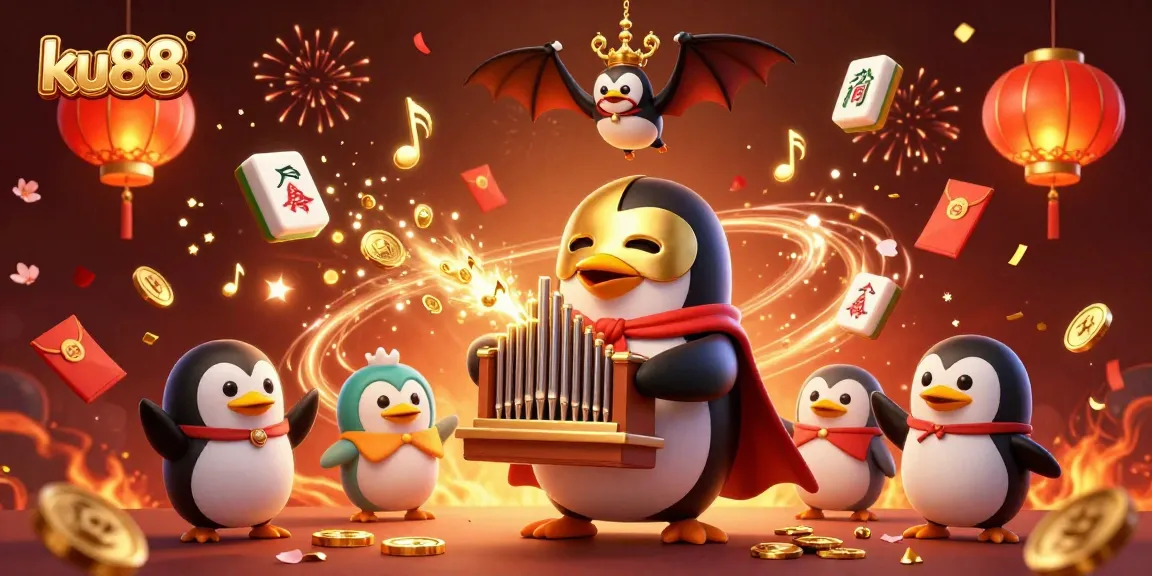 Experience the thrill of ku88 with a spectacular casino-themed illustration featuring a penguin and bat acrobat.