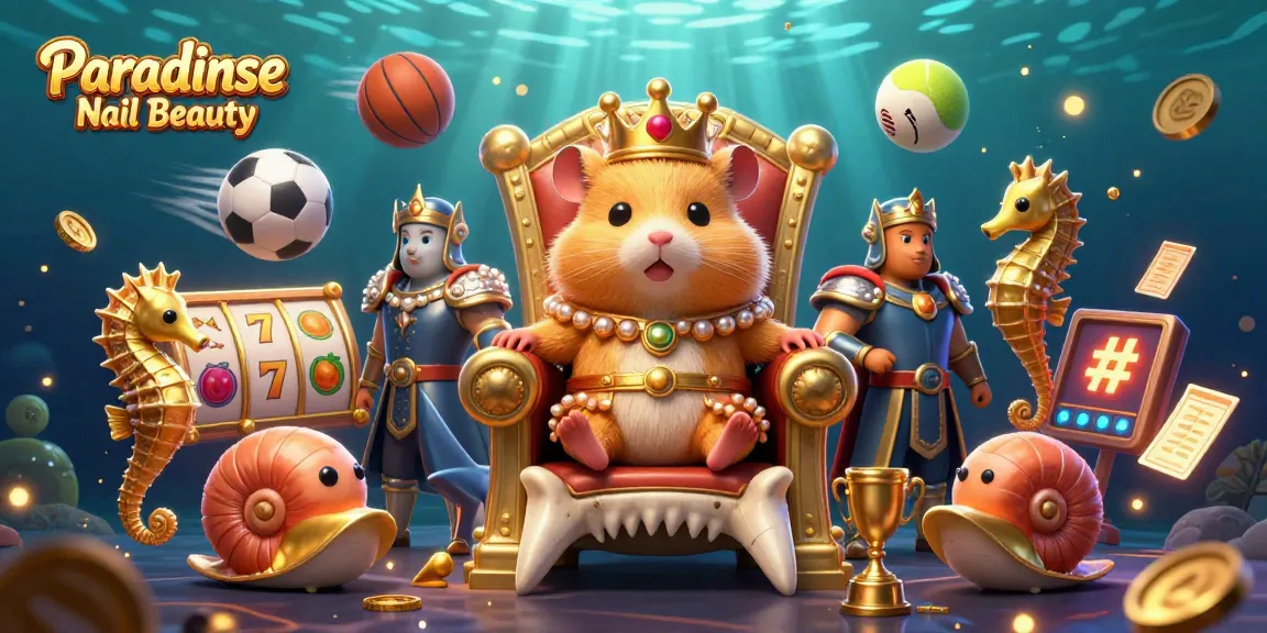 Experience the excitement with Paradise Nail Beauty's gaming scene featuring the hamster king amidst vibrant slot reels and dynamic sports balls.