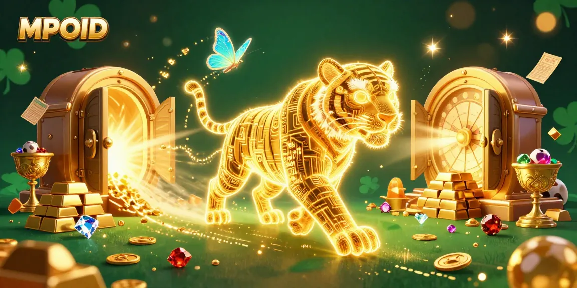 MPOID showcases a vibrant lottery scene with a golden tiger amidst riches and prize elements.