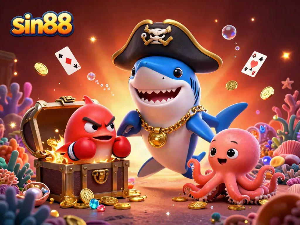 Experience a vibrant underwater casino adventure with sin88, featuring playful characters and exploding treasure.