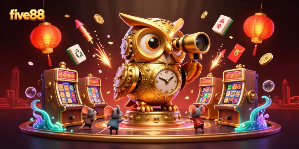 Immerse in the excitement of five88 with a lavish 3D casino scene featuring animated characters and vibrant game elements.