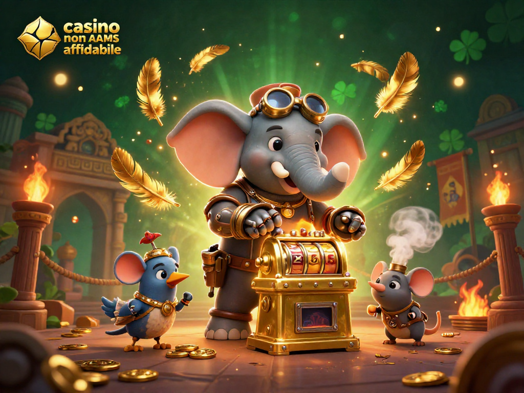 Scopri il mondo dei casino non AAMS affidabili, con un ingegnere elefante steampunk al lavoro su una slot machine dorata.