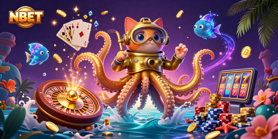 Engage with NBET's thrilling casino adventure featuring kraken, diving cat, and vibrant gaming elements.