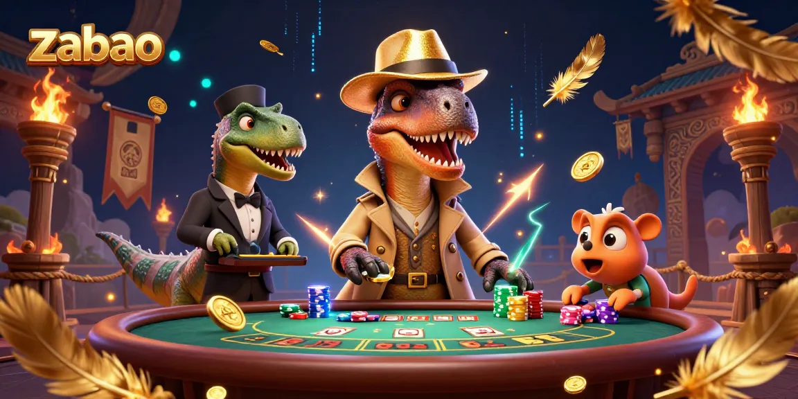 zaobao showcases a velociraptor card counter at a blackjack table, with a stegosaurus pit boss and a compy thief in a vibrant casino