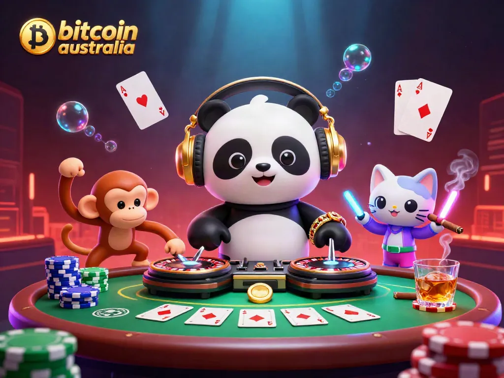 Experience a vibrant scene at a bitcoin casino Australia featuring a DJ panda, dancing monkey, and a glow-stick kitten.