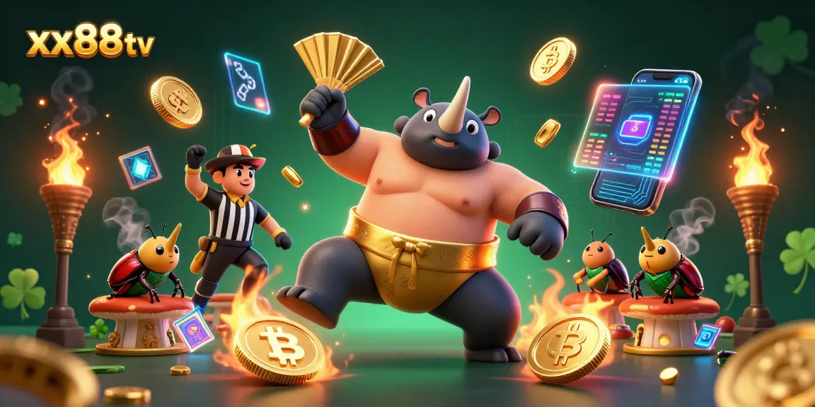 Experience xx88 tv as a vibrant gaming adventure with a cartoon beetle champion in a sumo match.