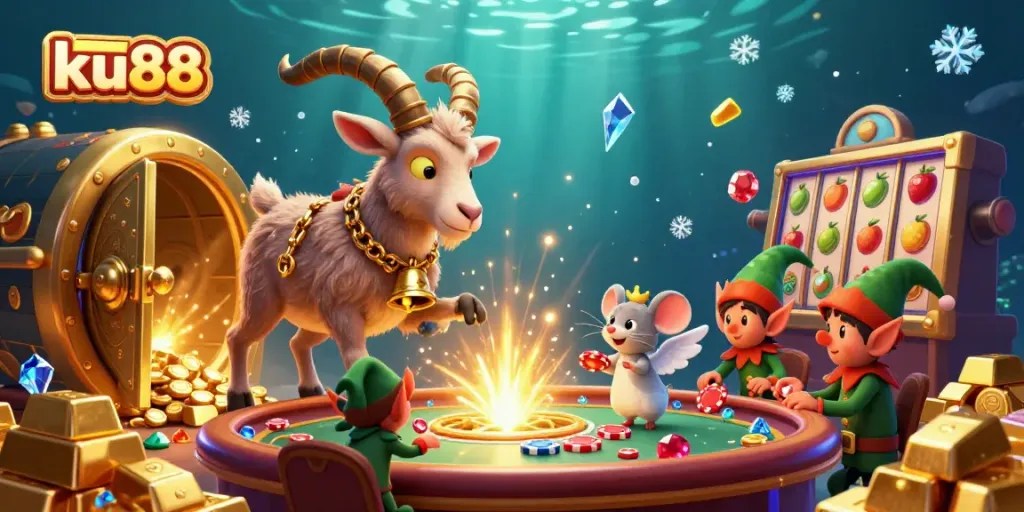 Engage in thrilling casino excitement at ku88, led by a festive Krampus goat overseeing a lively gaming scene.