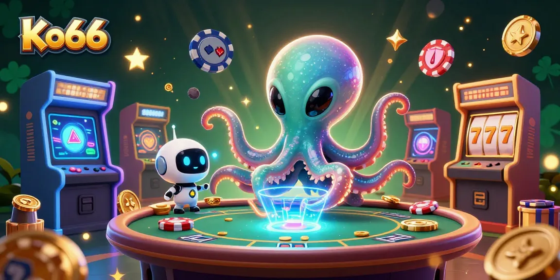Experience thrilling gameplay at Ko66 with an alien octopus at a holographic poker table surrounded by colorful gaming elements.