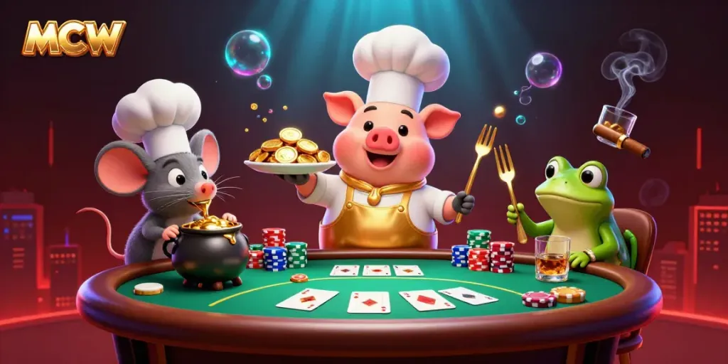 Engage with MCW featuring a creative, gourmet gold coins setup at a dynamic casino table scene.