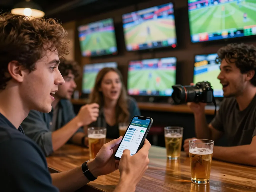 Person actively placing a bet on nhandinhkeonhacai app during a live sports event at a lively bar