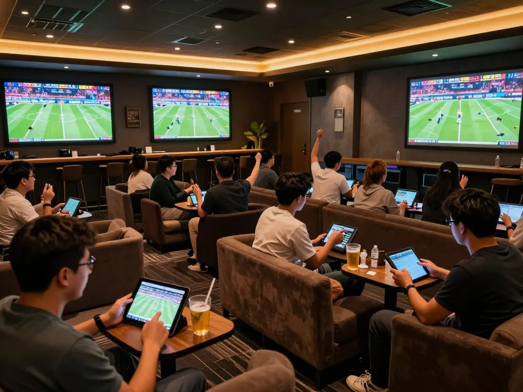 Fans actively engaging in sports betting at keobongda100's lively lounge, enjoying live events.