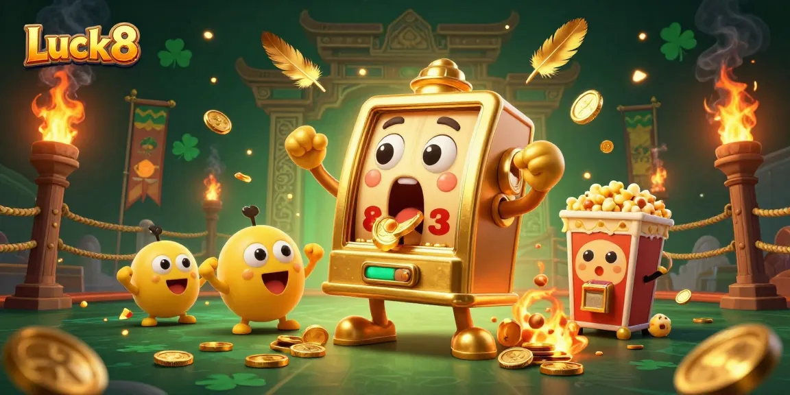 Experience big wins at Luck8 with golden slot machines celebrating jackpots amidst vibrant casino elements.