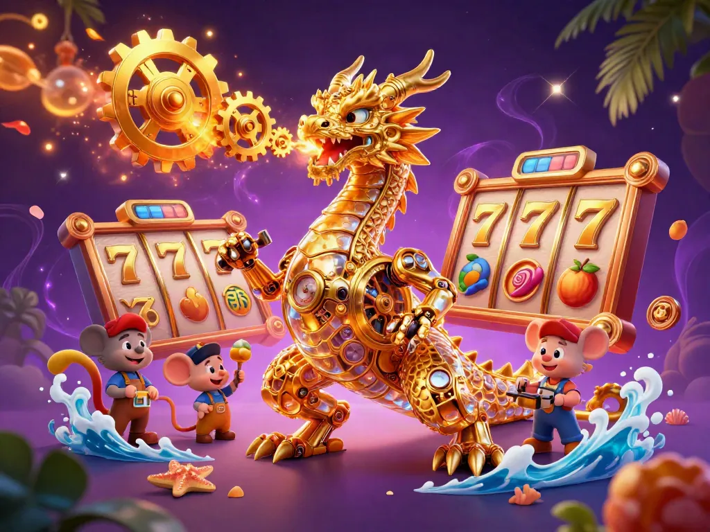 Experience slots with a golden dragon and vibrant gaming elements in this captivating scene.