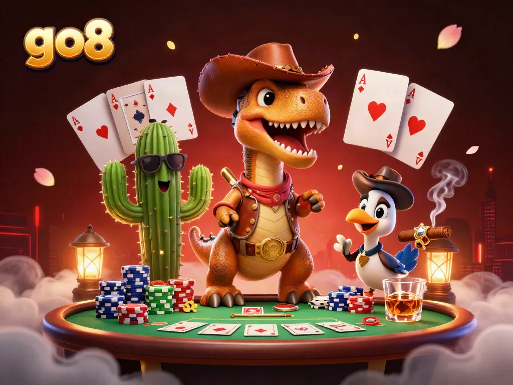 Experience the excitement of go8 with a colorful scene featuring a T-Rex cowboy and poker elements.