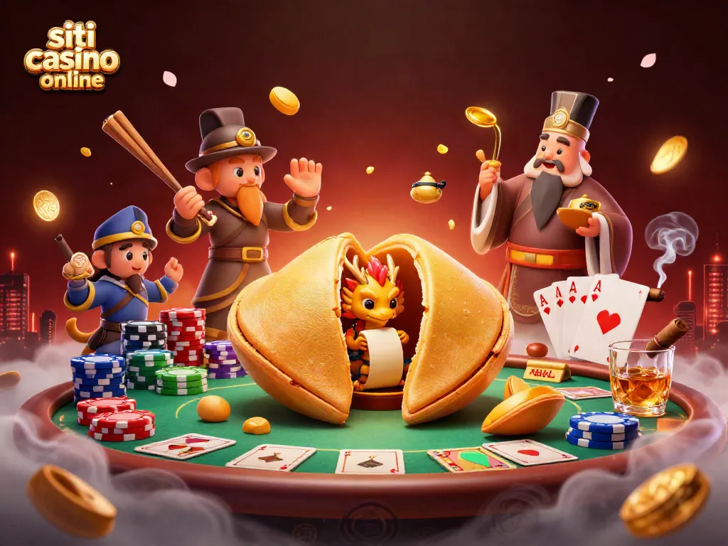 Giocando nei siti casino online con un drago saggio e un biscotto della fortuna, in un'illustrazione vivace.