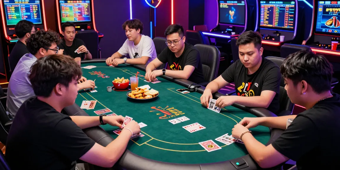 Players enjoying thrilling card games at yo88's vibrant gaming table, showcasing excitement and camaraderie.