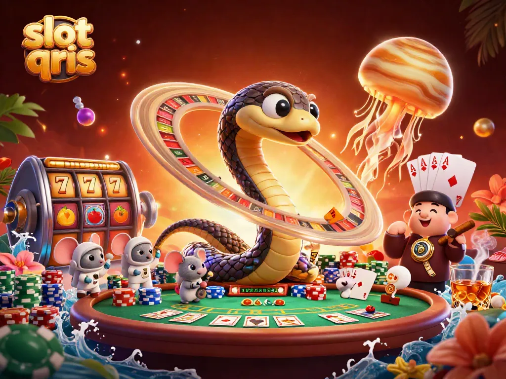 Experience slot qris thrills with a dynamic 3D illustration of gambling action and cosmic characters.