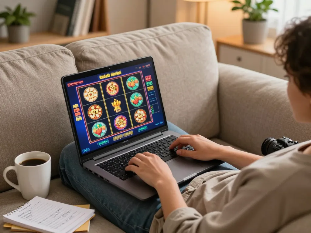 Engaging in online slots at home, experiencing gk88 gaming strategy and comfort.