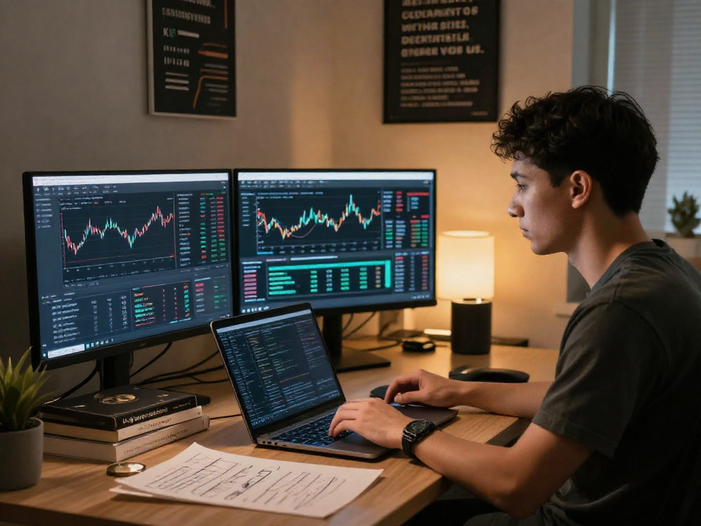 Focused trader analyzing Kyber-Swap data in a modern workspace